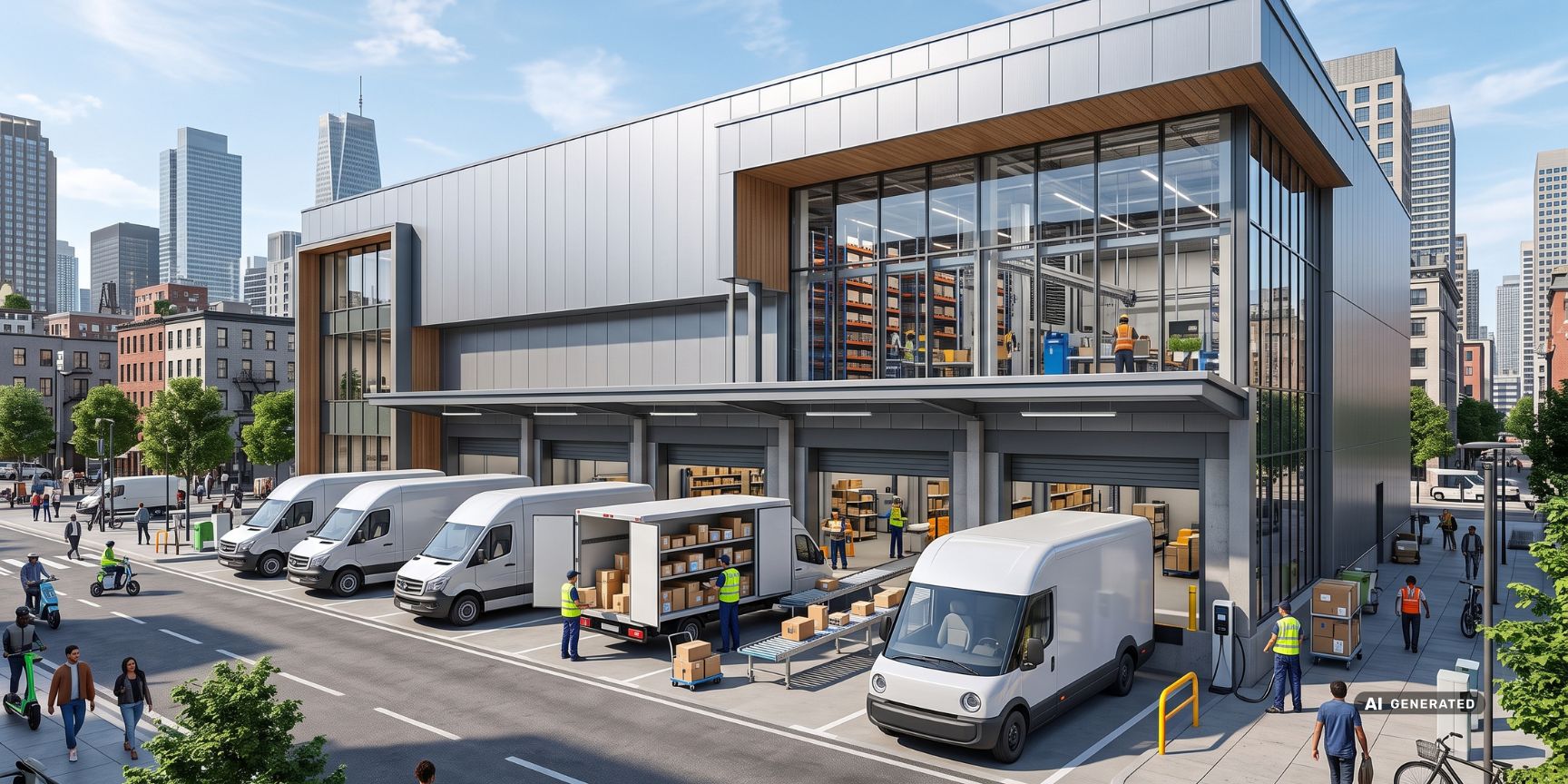 Außenansicht eines modernen urbanen Micro-Hubs: E-Transporter laden Pakete an den Toren einer Logistikhalle für die schnelle Out-of-Home-Zustellung.